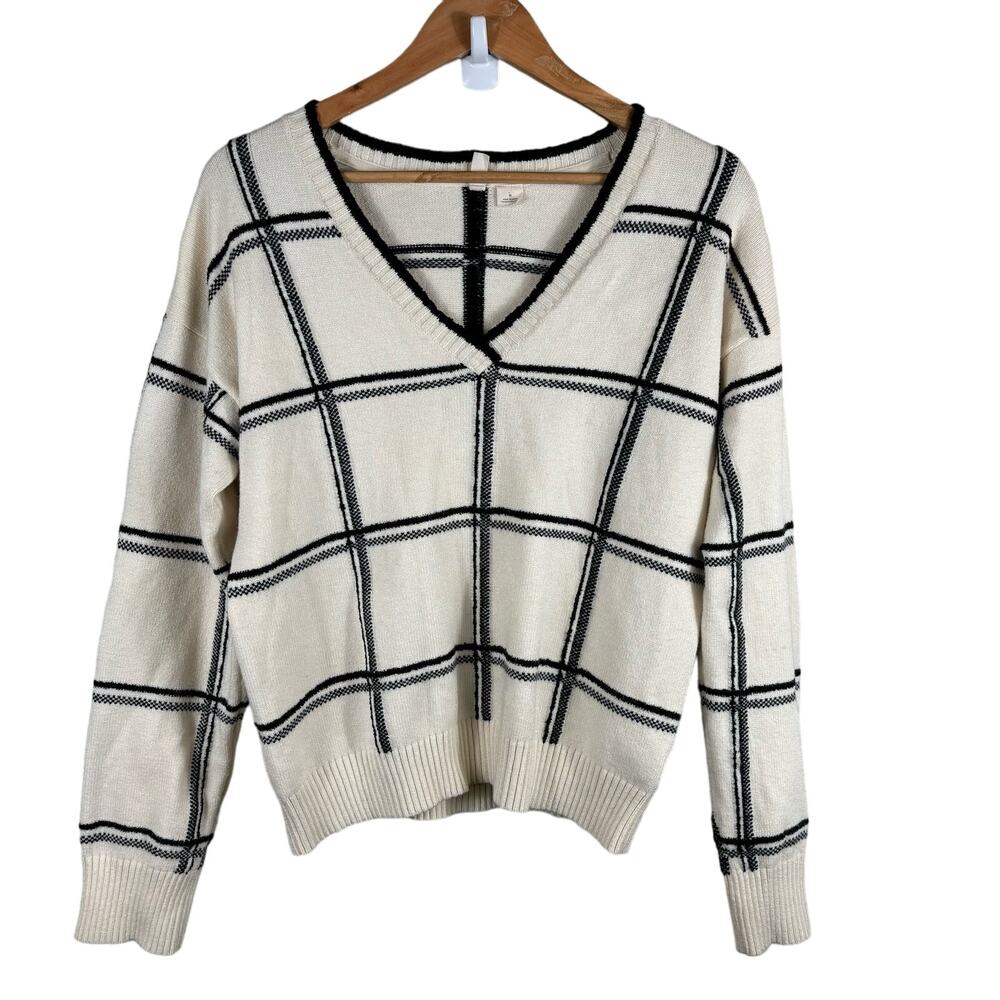 Moth Anthropologie Sweater‎ Women's Medium Cream Window Pane V-Neck Pullover